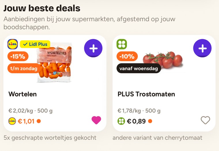 Jouw beste deals in de app: wortelen die je vaak koopt en trostomaten als andere variant van je cherrytomaten
