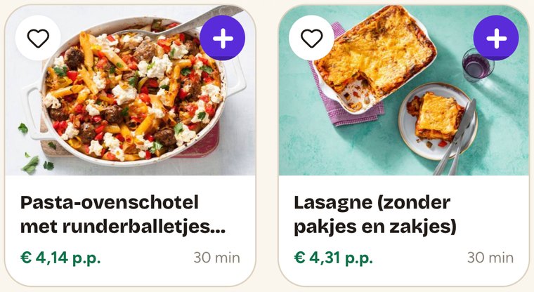 Recepten in de app: pasta-ovenschotel met runderballetjes voor € 4,14 per persoon en lasagne voor € 4,31 per persoon