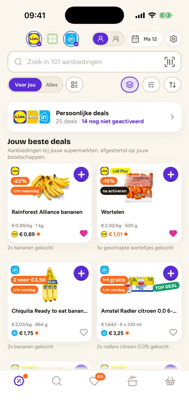 De aanbiedingen in de app, met jouw beste deals bovenaan