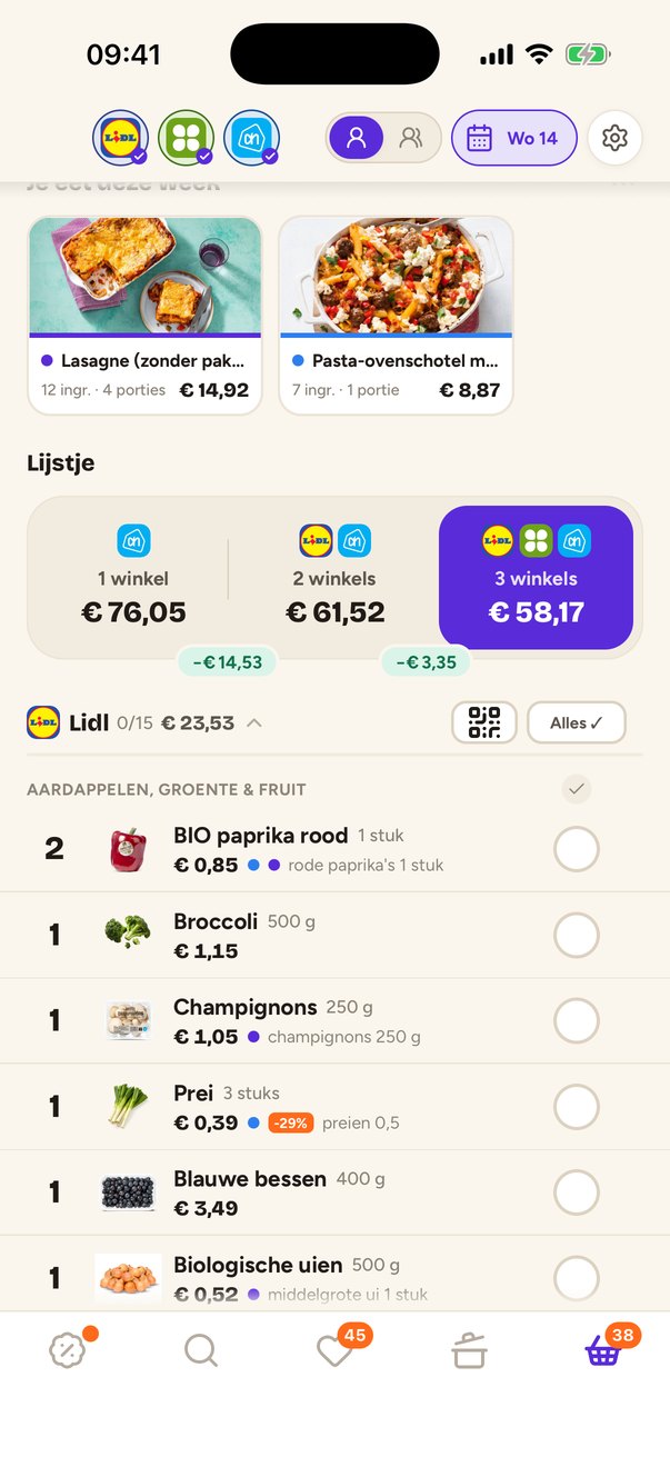 Het lijstje met lasagne en pasta-ovenschotel erop, per winkel en per afdeling: € 76,05 bij één winkel, € 61,52 verdeeld over twee, € 58,17 over drie