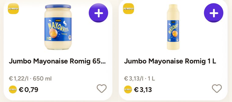 Jumbo Mayonaise Romig in de app: de pot van 650 ml kost € 1,22 per liter, de fles van 1 liter € 3,13 per liter